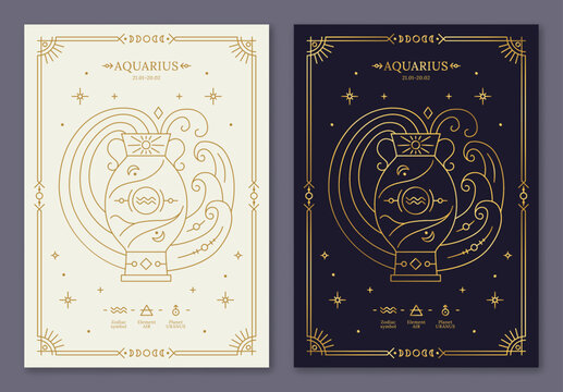 Aquarius zodiac horoscope golden signs on dark navy and white cards set. Water Bearer symbols of zodiacal astrological calendar, horoscope constellation, cover design thin line vector illustration