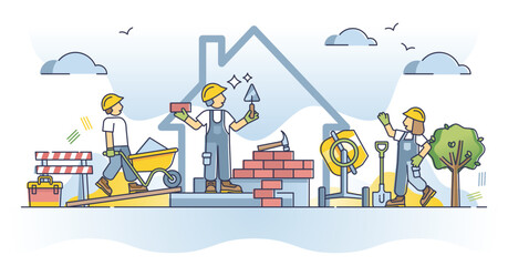 Labourer occupation and work with building house tasks outline concept. Professional builders job and house renovation services vector illustration. Workforce team with handyman characters group.