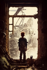 a small technician builds a robot with scrap materials.