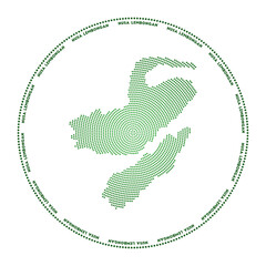 Nusa Lembongan round logo. Digital style shape of Nusa Lembongan in dotted circle with island name. Tech icon of the island with gradiented dots. Artistic vector illustration.
