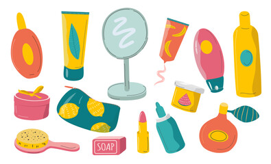 vector illustration in flat style - set of isolated items of care and decorative cosmetics
