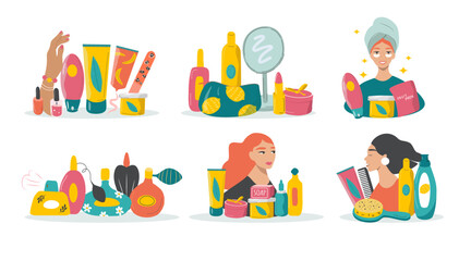vector illustration in a flat style - a set of isolated scenes on the theme of cosmetics, beauty routine, hair care, nails, face and make-up