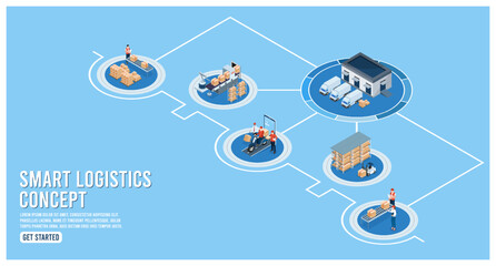 3D isometric Smart logistics concept with Warehouse Logistics and Management, Logistics solutions complete supply chain, transportation truck use wireless technoloty. Eps10 vector illustration