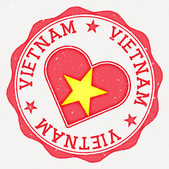 Vietnam heart flag logo. Country name text around Vietnam flag in a shape of heart. Creative vector illustration.