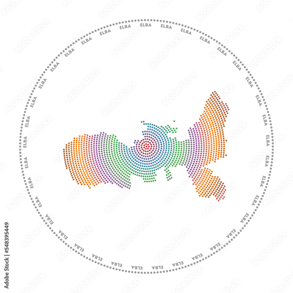 Poster elba round logo. digital style shape of elba in a dotted circle with the island's name. tech icon of