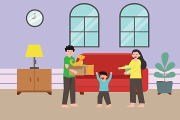 Happy little boy getting a puppy from his father