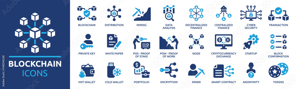 Poster blockchain technology icon set. cryptocurrency icons element. containing blockchain, node, distribut