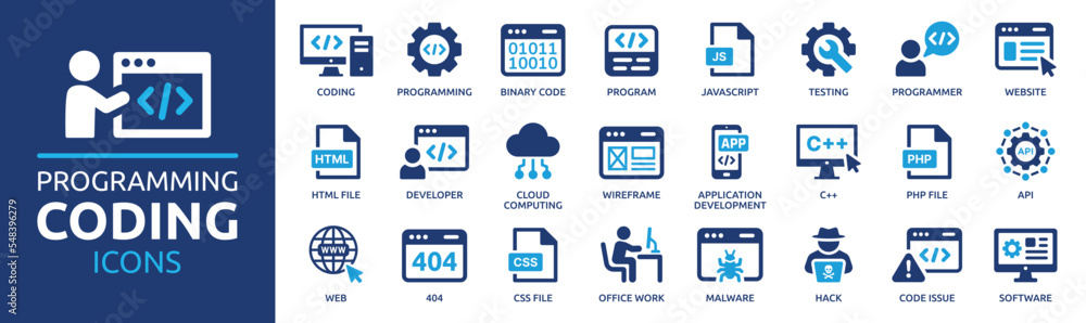 Fototapete Programming coding icon set. Software development icon collection. Programmer and developer symbol vector illustration.