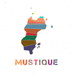 Mustique map design. Shape of the island with beautiful geometric waves and grunge texture. Amazing vector illustration.