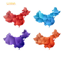 Set of vector polygonal maps of China. Bright gradient map of country in low poly style. Multicolored China map in geometric style for your infographics. Modern vector illustration.