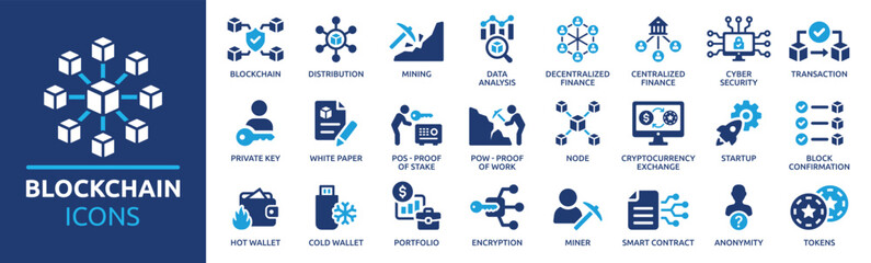 Blockchain technology icon set. Cryptocurrency icons element. Containing blockchain, node, distribution, decentralized finance, encryption, tokens, white paper and wallet icon collection.