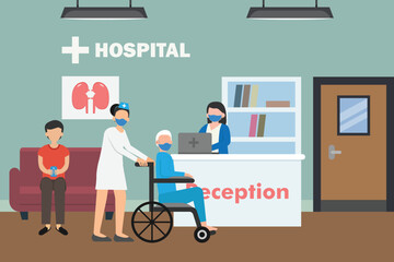 Nurse pushing elderly man on wheelchair in hospital