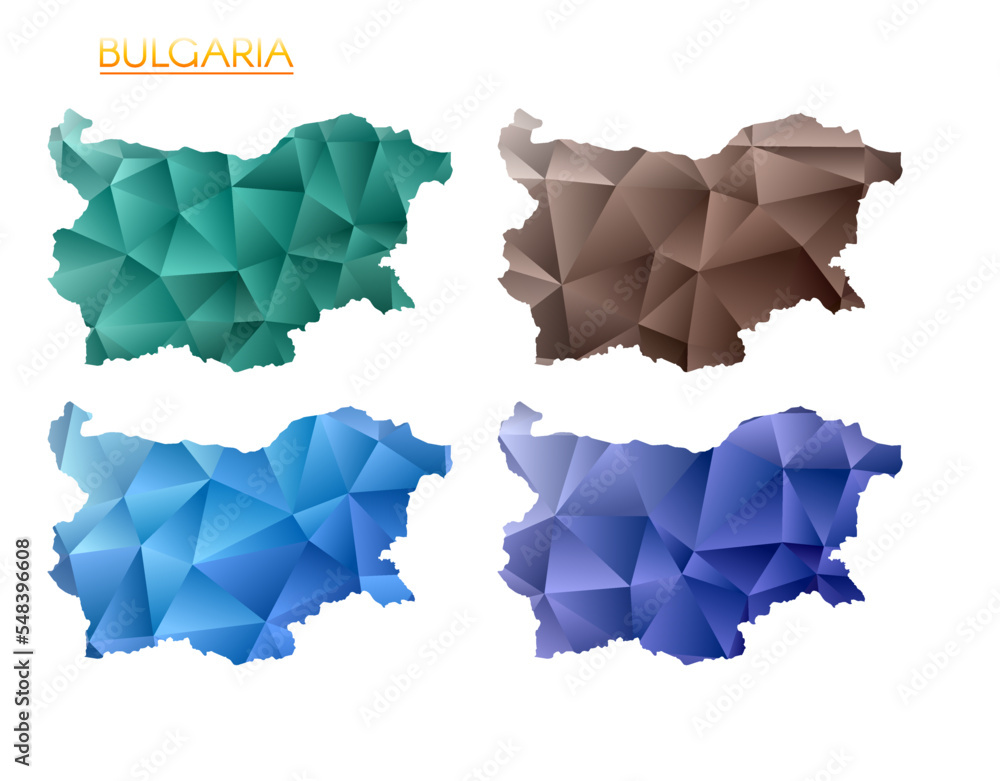 Poster set of vector polygonal maps of bulgaria. bright gradient map of country in low poly style. multicol