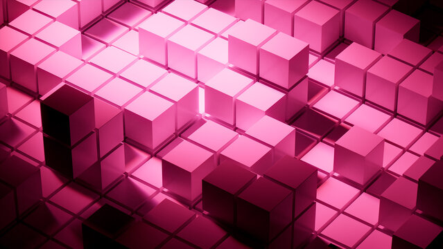 Hot Pink and Black, Glossy Cubes Neatly Constructed to create a Innovative Tech Background. 3D Render.
