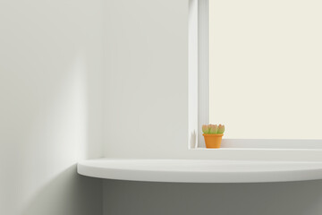 3D rendering beige tabletop in warm white room with mini succulent plant pot near bright window. Isolated window for outside scene change. - obrazy, fototapety, plakaty