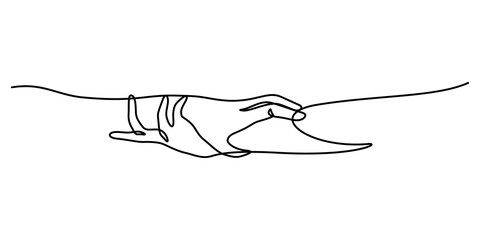 Obraz premium one line drawing of two hands holding togetherness vector illustration