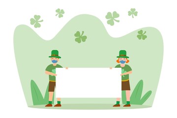 Fototapeta premium Saint Patricks day cartoon character holding empty copy space