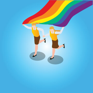 Lesbian couple with rainbow flag 3d isometric