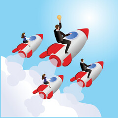 Business people with light bulb flying on rockets 3d isometric