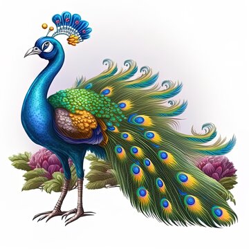 blue peacock with colorful feathers clip art preview
