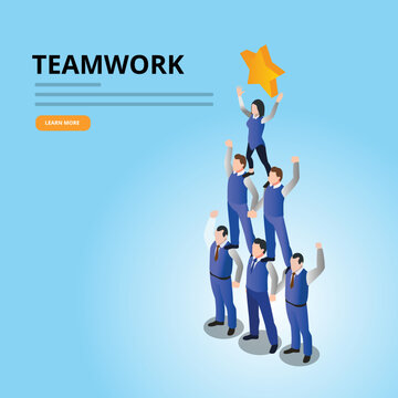 Success business teamwork with people holding a star 3d isometric