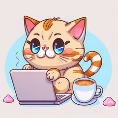 Cute cat working on laptop with coffee cup cartoon 2d illustrated icon illustration.
