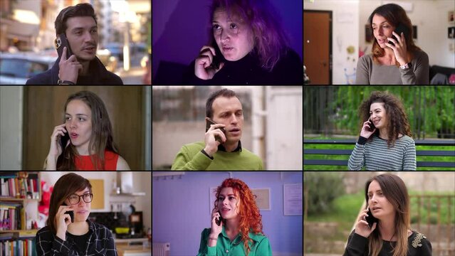 Multiscreen or colage of people talking on smartphone