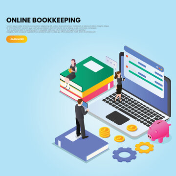 Online bookkeeping with business people working on a laptop computer 3d isometric