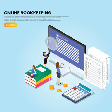 Online bookkeeper working with computer monitor 3d isometric