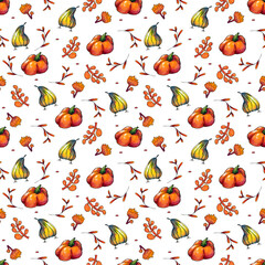 seamless watercolor pattern with pumpkins, pears and autumn leaves on a white background.