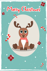 Greeting card with the inscription Merry Christmas on a blue background. Snowflakes candy gifts with a cute deer.