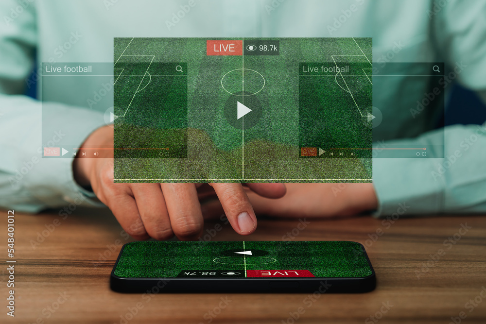 Poster man using a smartphone or mobile phone for watching live football streaming online on virtual screen