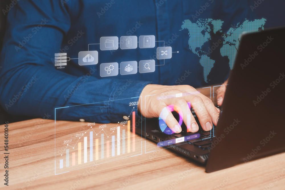 Aufkleber Analysts work with business analytics and computer data management systems, making reports with KPIs and database-connected metrics. Corporate strategy for financial organization, sales, marketing.