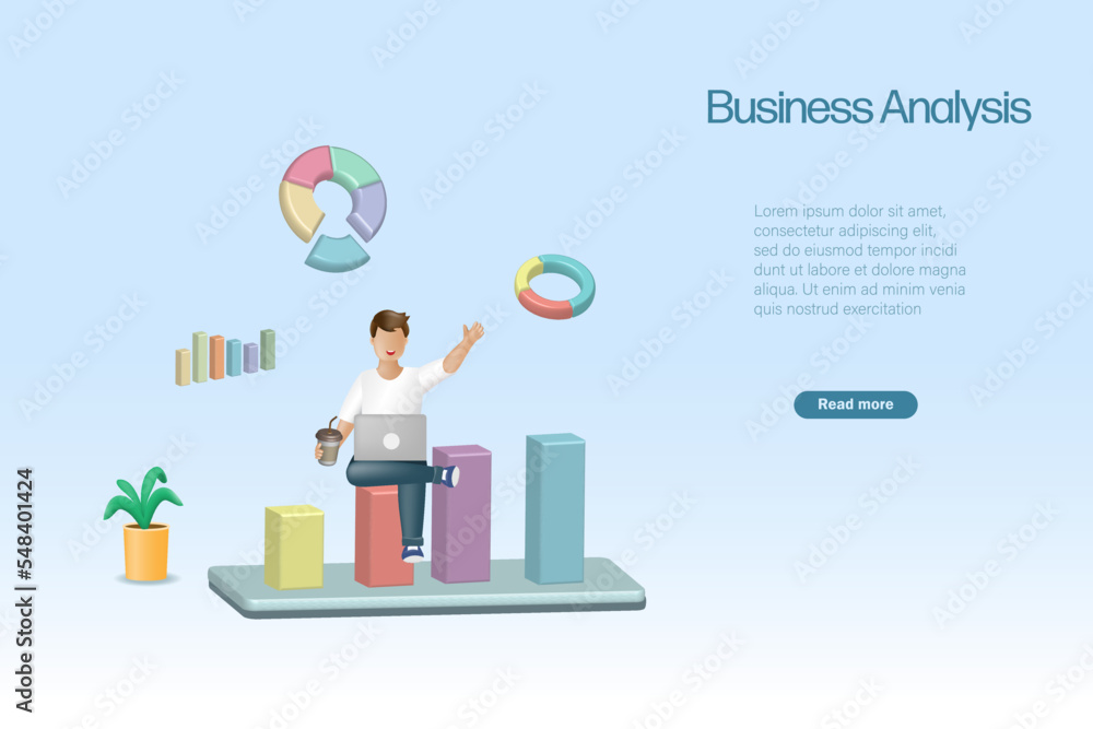 Poster man sit on 3d business analyzing graph. business data report, digital marketing and portfolio invest