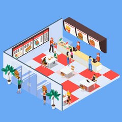 Fast food restaurant interior exterior 3d isometric