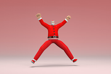 A man wearing Santa Claus costume is jumping. 3d rendering of cartoon character in acting.