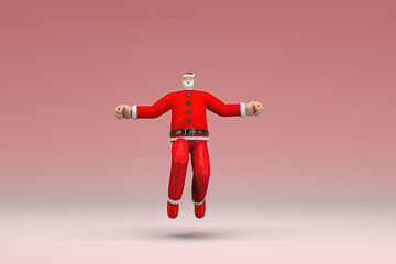 A man wearing Santa Claus costume is jumping. 3d rendering of cartoon character in acting.