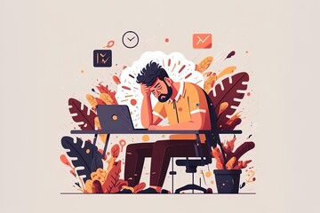 Happy And Exhausted Man At Workplace Flat 2D Illustrated Illustration. Tired And Frustrated Employee Sitting At Desk, Working On Laptop. Professional Burnout, Mental Health, Efficiency Concept
