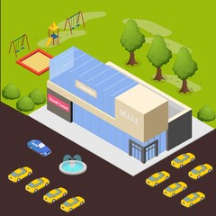 Shopping mall exterior with kids playground 3d isometric