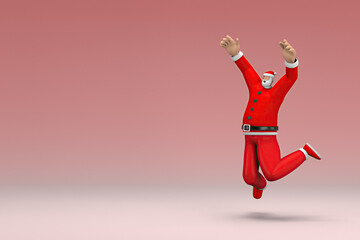 A man wearing Santa Claus costume is jumping. 3d rendering of cartoon character in acting.