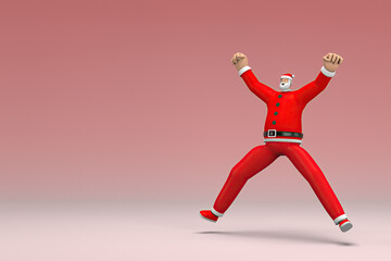 A man wearing Santa Claus costume is jumping. 3d rendering of cartoon character in acting.