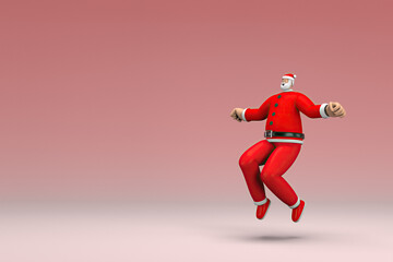 A man wearing Santa Claus costume is jumping. 3d rendering of cartoon character in acting.