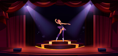 Beautiful ballerina dancing alone on stage in spotlight beam. Cartoon vector illustration of fragile girl performing ballet on illuminated theater scene decorated with red curtains. Classical art show © klyaksun