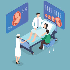 Childbirth in hospital. Doctor, nurse, mother to be and husband 3d isometric vector illustration concept