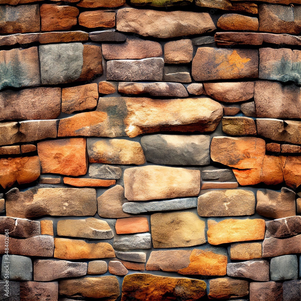 Poster a stone wall made of rocks with a green plant in the middle of it and a green plant in the middle of