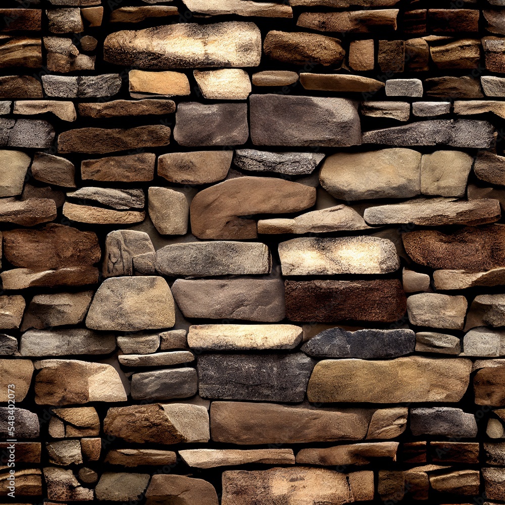Poster a stone wall with a brown and tan color scheme and a black background with a white border and a blac