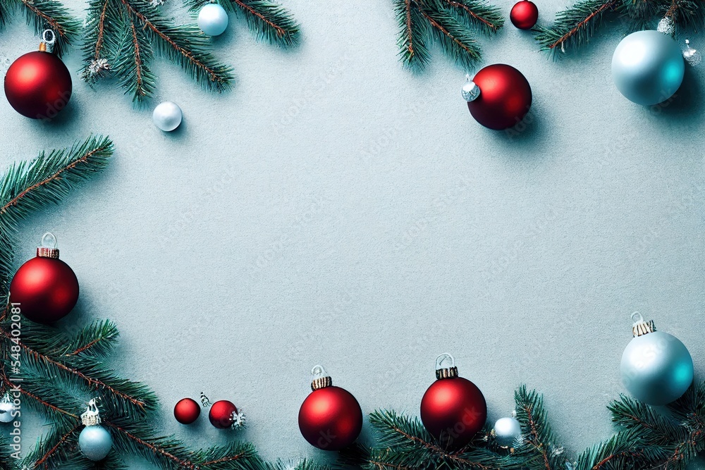 Poster a christmas tree with ornaments on it and a white background with a blue border around it and a red 
