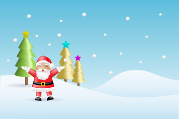 Santa Claus with Christmas trees in falling snow background. Merry Christmas, season greetings and New Year festive celebration. 3D vector.