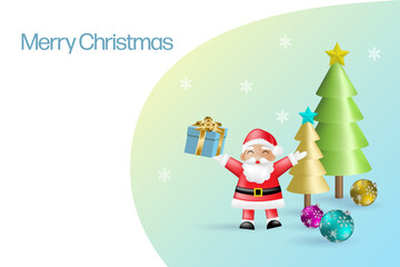 Santa Claus with Christmas trees in falling snow flakes background. Merry Christmas, season greetings and New Year festive celebration. 3D vector.