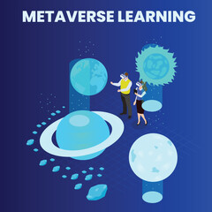 Metaverse virtual learning: planet and space 3d isometric vector illustration concept